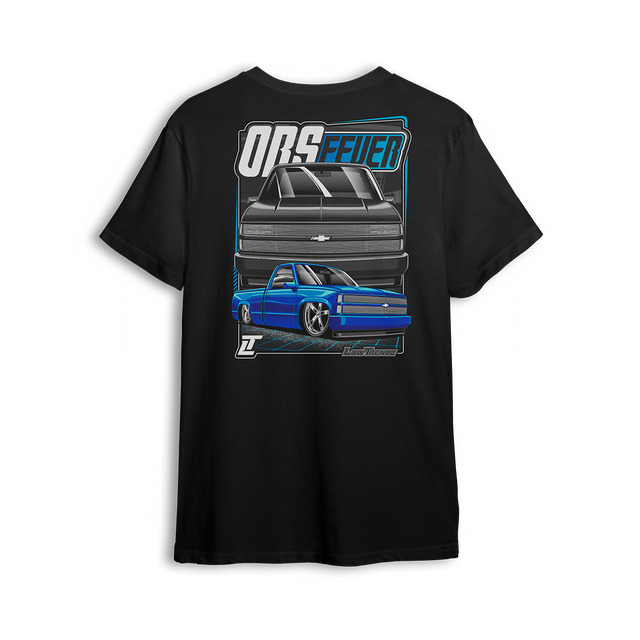 Blue OBS Steel Chevy t shirt featuring a slammed cobalt blue truck with billet wheels and bold front and side view graphic by LowTrendz
