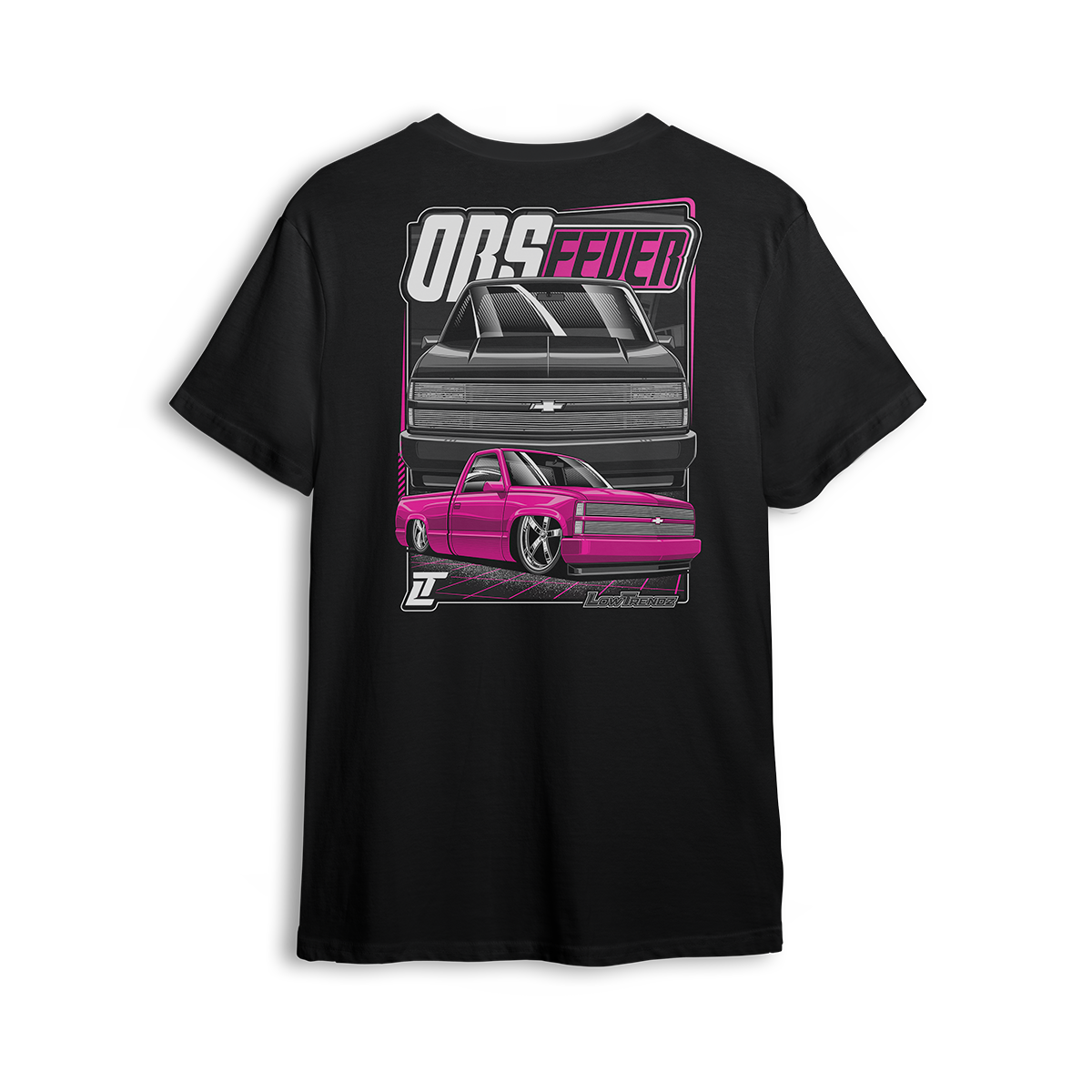 Pink OBS Steel Chevy t shirt featuring a slammed pink truck with billet wheels and bold front and side view graphic by LowTrendz