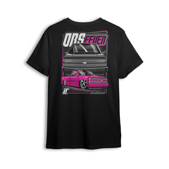 Pink OBS Steel Chevy t shirt featuring a slammed pink truck with billet wheels and bold front and side view graphic by LowTrendz