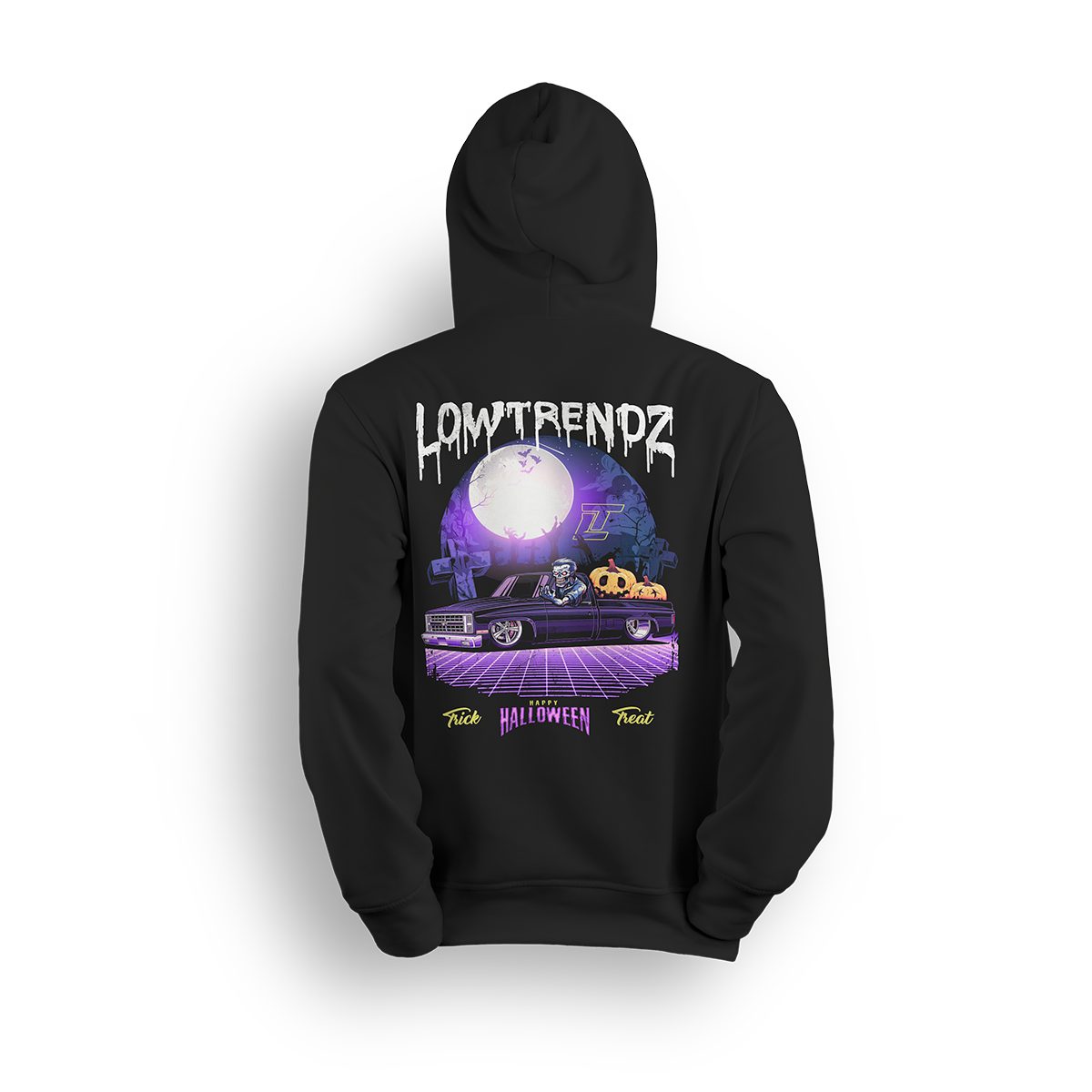 Halloween hoodie featuring a slammed Squarebody in a graveyard at night with a full moon and skeleton behind the wheel