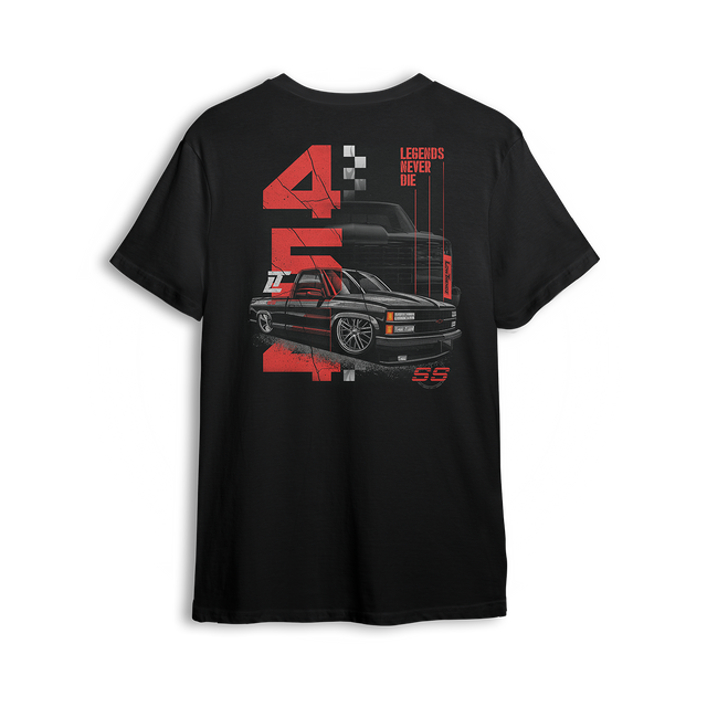 Legends Never Die t shirt featuring a slammed black OBS SS truck with bold red graphics