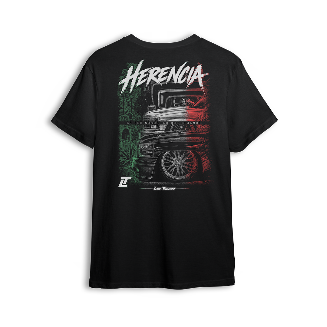 Herencia Tee back print - three generations of Chevy trucks in the colors of Mexico
