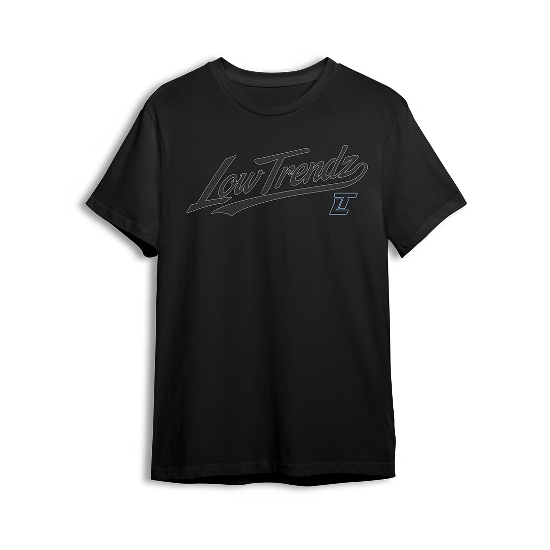 Midnight City Tee front - tonal Low Trendz script across the chest