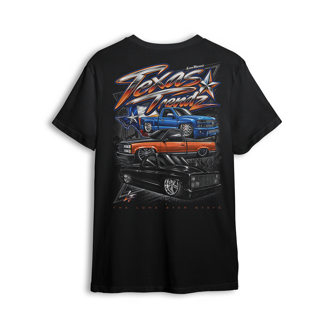 Texas Trendz Tee back print - lowered Silverado, OBS and squarebody under chrome Texas Trendz script and the Texas flag