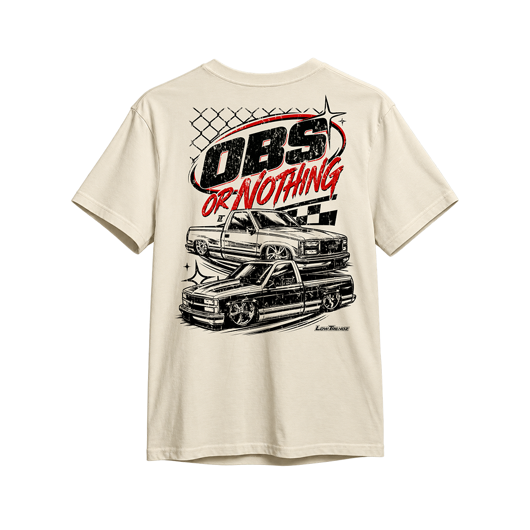 OBS or Nothing Tee in Vintage Natural, back print - OBS or Nothing lockup with two lowered OBS trucks, distressed black and red