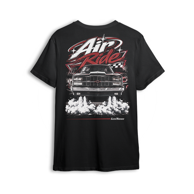 Air Ride Tee back print - bagged OBS square body hovering on smoke under red and white Air Ride script