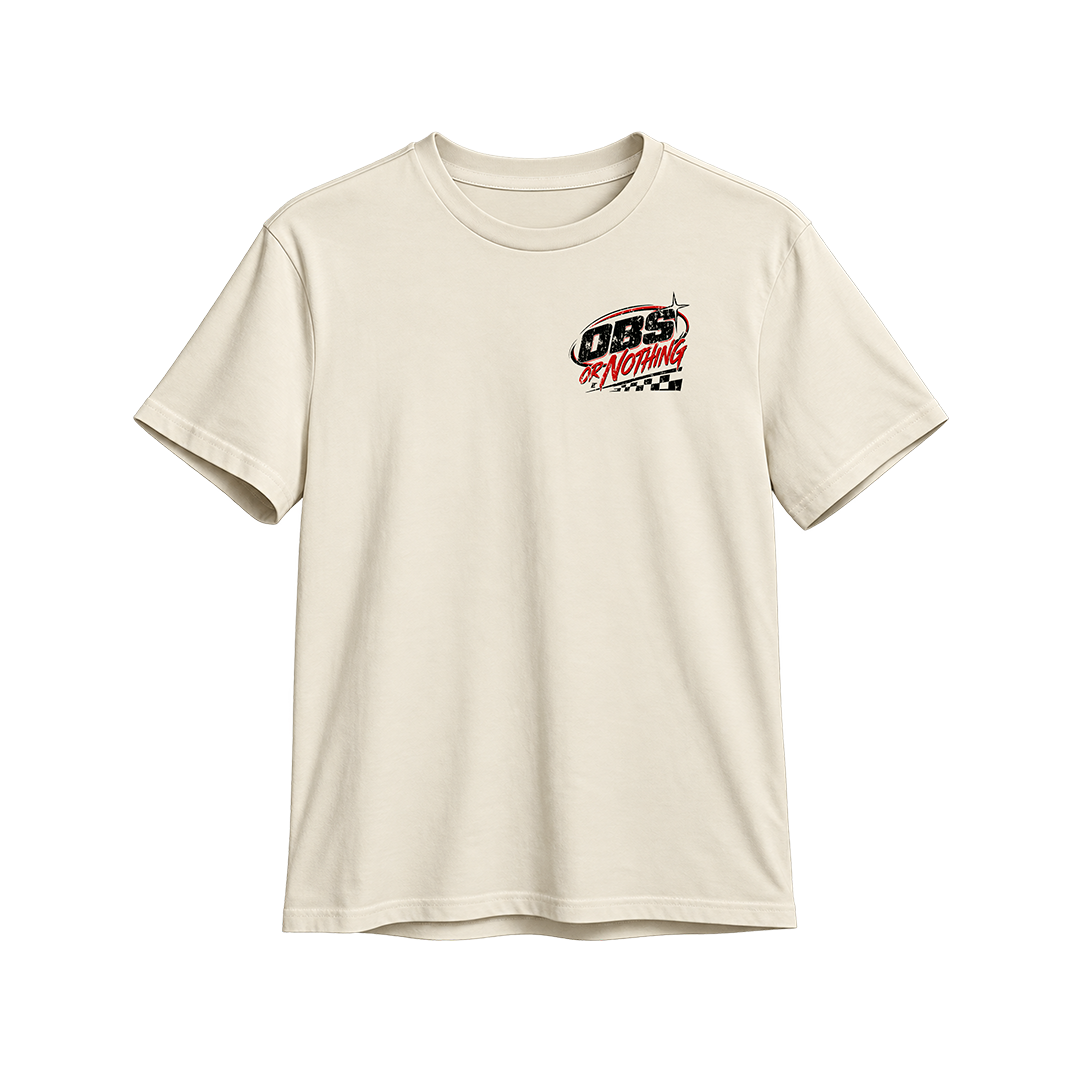 OBS or Nothing Tee in Vintage Natural, front - OBS or Nothing left chest print