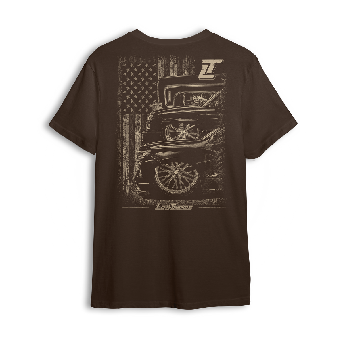 LT Nation tee in brown, back print - three generations of trucks under an American flag