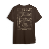 LT Nation tee in brown, back print - three generations of trucks under an American flag