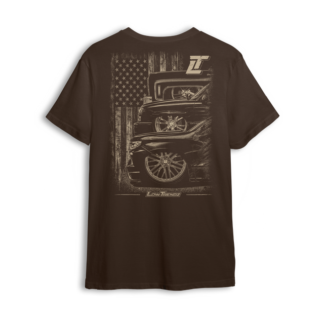 LT Nation tee in brown, back print - three generations of trucks under an American flag