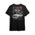 Dual Threat 454 SS t-shirt featuring a blacked-out 454 SS and a clean white single cab, both dropped low with classic Chevy muscle style. Red interior accents, bold Chevrolet badge, and subtle interior panels complete this yin-yang inspired custom truck design.