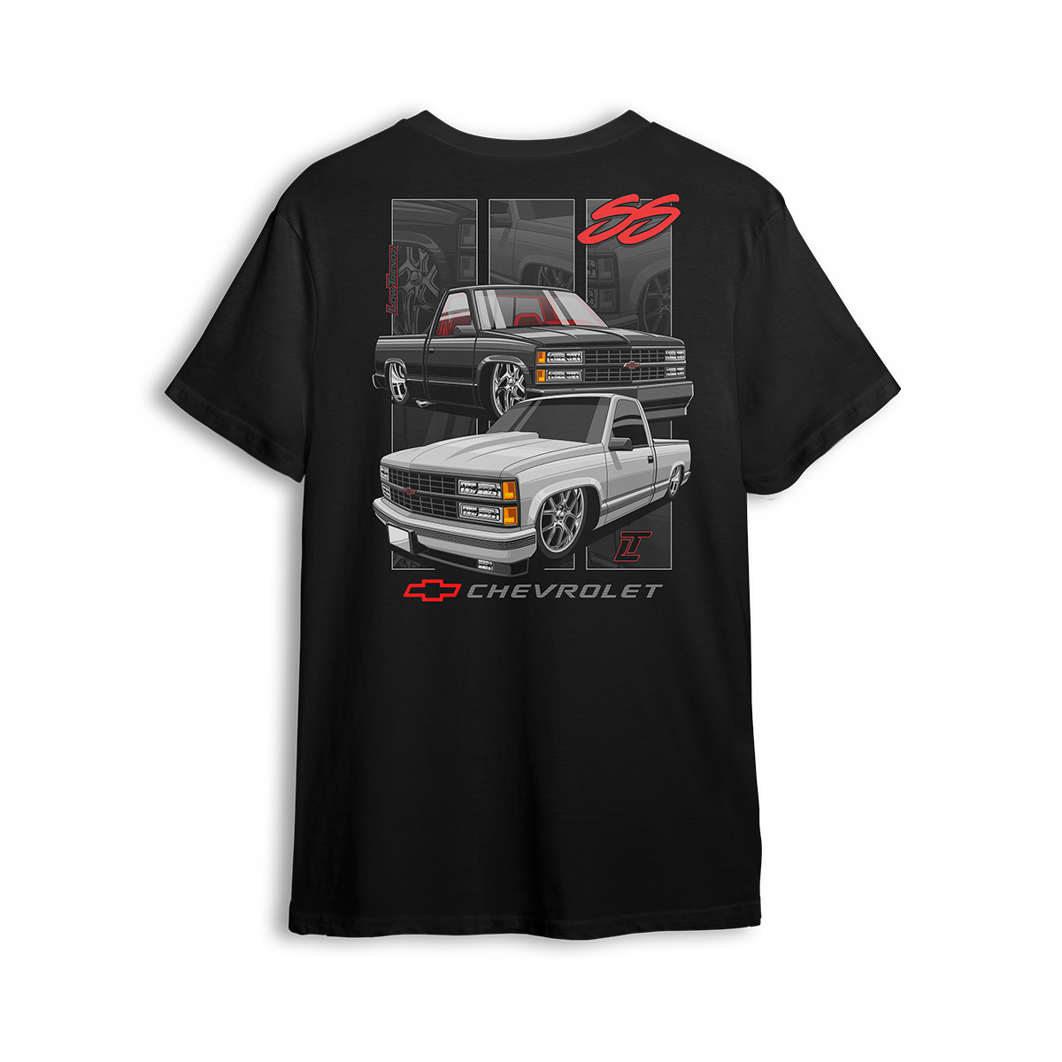 Dual Threat 454 SS t-shirt featuring a blacked-out 454 SS and a clean white single cab, both dropped low with classic Chevy muscle style. Red interior accents, bold Chevrolet badge, and subtle interior panels complete this yin-yang inspired custom truck design.
