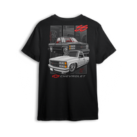 Dual Threat 454 SS t-shirt featuring a blacked-out 454 SS and a clean white single cab, both dropped low with classic Chevy muscle style. Red interior accents, bold Chevrolet badge, and subtle interior panels complete this yin-yang inspired custom truck design.