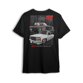 Dual Threat 454 SS t-shirt featuring a blacked-out 454 SS and a clean white single cab, both dropped low with classic Chevy muscle style. Red interior accents, bold Chevrolet badge, and subtle interior panels complete this yin-yang inspired custom truck design.