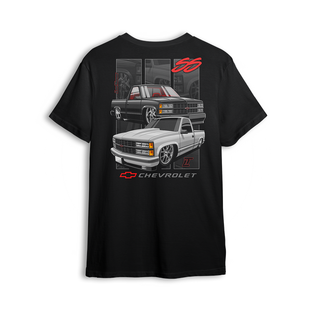 Dual Threat 454 SS t-shirt featuring a blacked-out 454 SS and a clean white single cab, both dropped low with classic Chevy muscle style. Red interior accents, bold Chevrolet badge, and subtle interior panels complete this yin-yang inspired custom truck design.