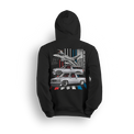 Hoodie featuring Mike García’s slammed 1996 Chevy Tahoe in red, white, and blue with a fighter jet flying overhead. Inspired by his StreetTrucks Magazine build, the Maverick hoodie combines Pro Touring style, bold detail, and street-ready stance for standout presence.