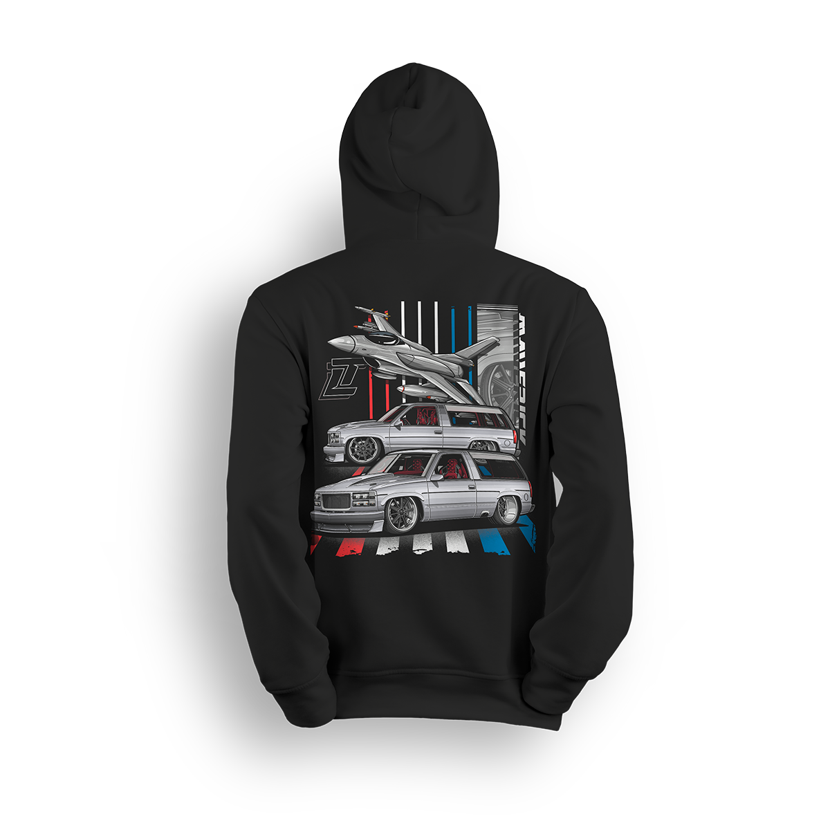 Hoodie featuring Mike García’s slammed 1996 Chevy Tahoe in red, white, and blue with a fighter jet flying overhead. Inspired by his StreetTrucks Magazine build, the Maverick hoodie combines Pro Touring style, bold detail, and street-ready stance for standout presence.
