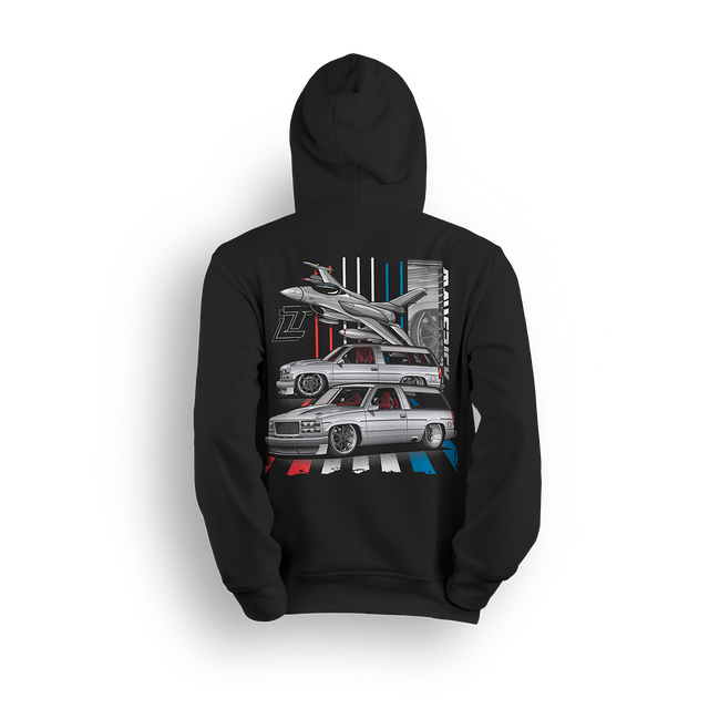 Hoodie featuring Mike García’s slammed 1996 Chevy Tahoe in red, white, and blue with a fighter jet flying overhead. Inspired by his StreetTrucks Magazine build, the Maverick hoodie combines Pro Touring style, bold detail, and street-ready stance for standout presence.