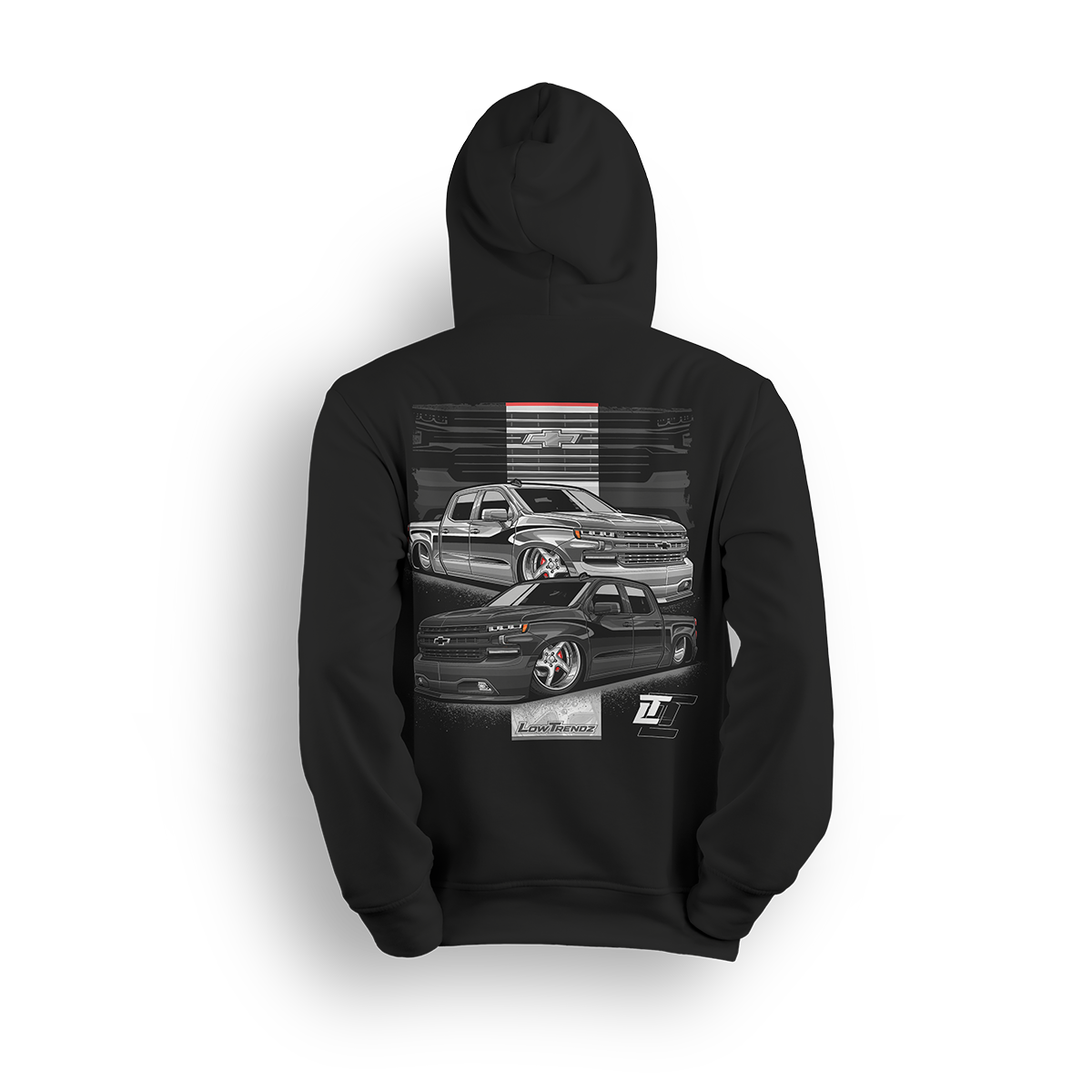 Hoodie featuring two slammed 4-door Chevy Silverados with polished wheels, smoked grilles, and aggressive stance, backed by a bold Chevy grille graphic. Finished with the Low Trendz stamp and LT logo, this hoodie brings custom style for builders and street kings.