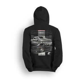 Hoodie featuring two slammed 4-door Chevy Silverados with polished wheels, smoked grilles, and aggressive stance, backed by a bold Chevy grille graphic. Finished with the Low Trendz stamp and LT logo, this hoodie brings custom style for builders and street kings.