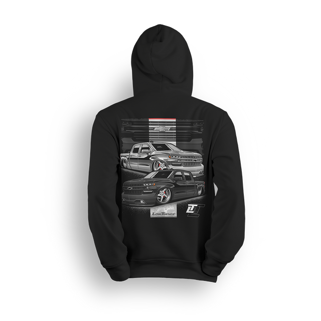 Hoodie featuring two slammed 4-door Chevy Silverados with polished wheels, smoked grilles, and aggressive stance, backed by a bold Chevy grille graphic. Finished with the Low Trendz stamp and LT logo, this hoodie brings custom style for builders and street kings.