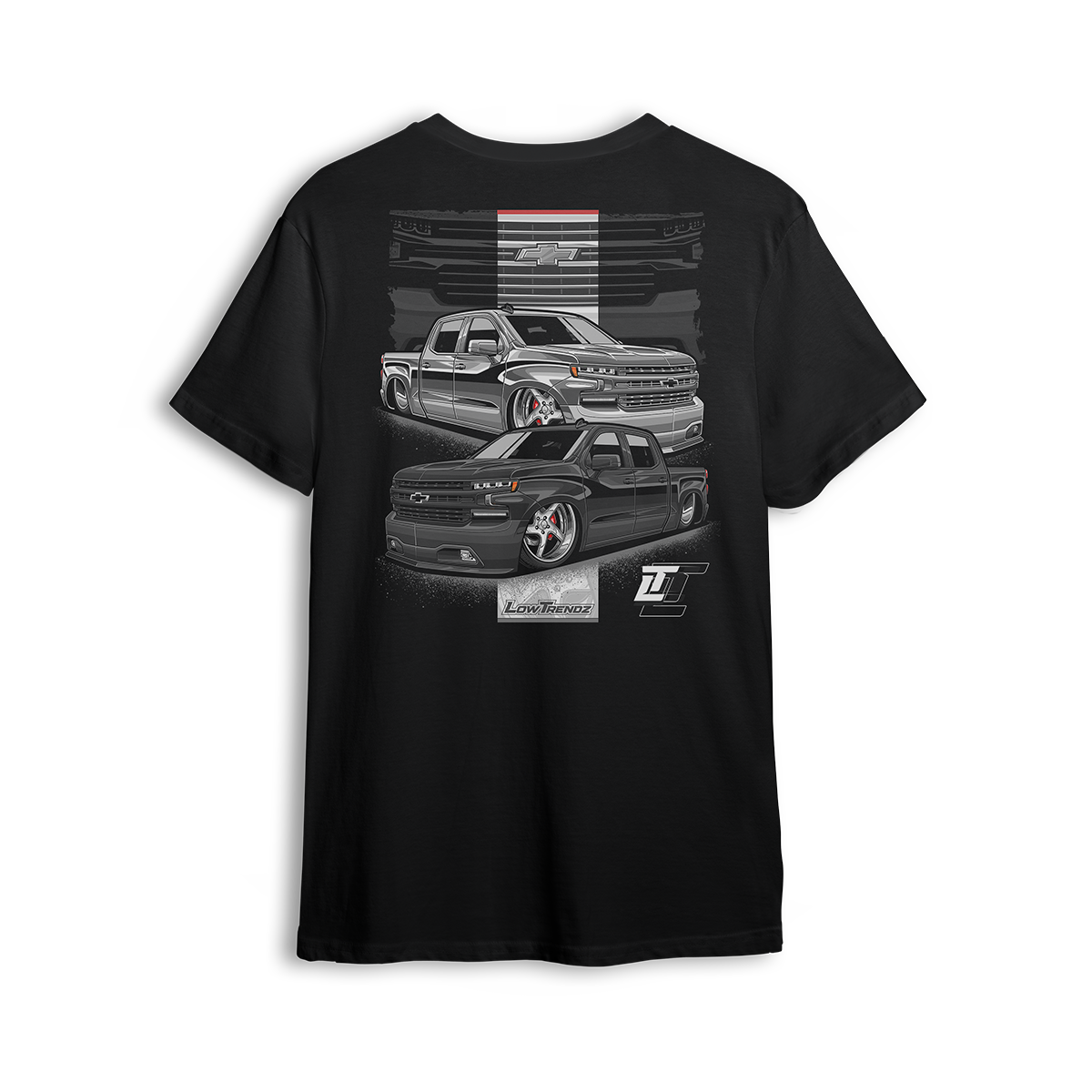 T-shirt featuring two slammed 4-door Chevy Silverados with polished wheels, smoked grilles, and aggressive stance, backed by a bold Chevy grille graphic. Finished with the Low Trendz stamp and LT logo, this t-shirt brings custom style for builders and street kings.