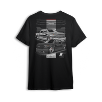 T-shirt featuring two slammed 4-door Chevy Silverados with polished wheels, smoked grilles, and aggressive stance, backed by a bold Chevy grille graphic. Finished with the Low Trendz stamp and LT logo, this t-shirt brings custom style for builders and street kings.