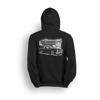 Hoodie featuring a black Squarebody C10 dropped low with a stylized illustration of its iconic front end in the background. Bold Chevy vibes, clean stance, and street-ready attitude make this hoodie a true nod to the custom truck scene.