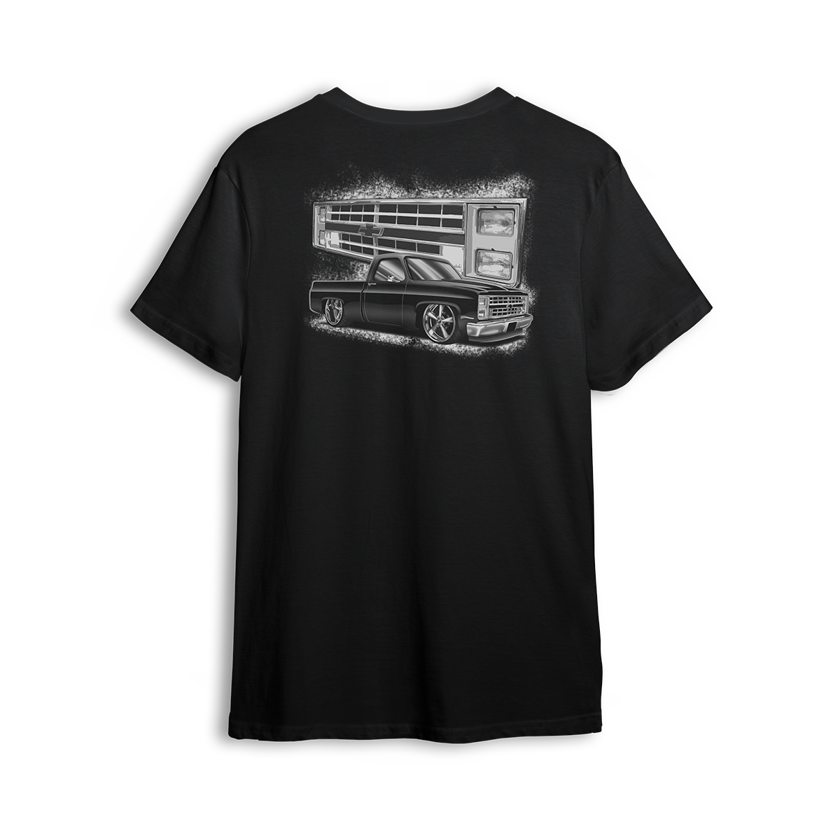 T-shirt featuring a black Squarebody C10 dropped low with a stylized illustration of its iconic front end in the background. Bold Chevy vibes, clean stance, and street-ready attitude make this t-shirt a true nod to the custom truck scene.