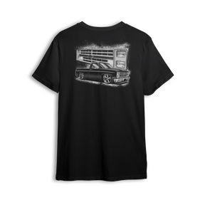 T-shirt featuring a black Squarebody C10 dropped low with a stylized illustration of its iconic front end in the background. Bold Chevy vibes, clean stance, and street-ready attitude make this t-shirt a true nod to the custom truck scene.