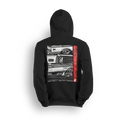 Hoodie featuring a stacked lineup of slammed Squarebody Chevys with big lip wheels, chrome accents, and bold grayscale detailing. Finished with a vertical red Low Trendz stripe, this hoodie blends retro grit with modern street presence.