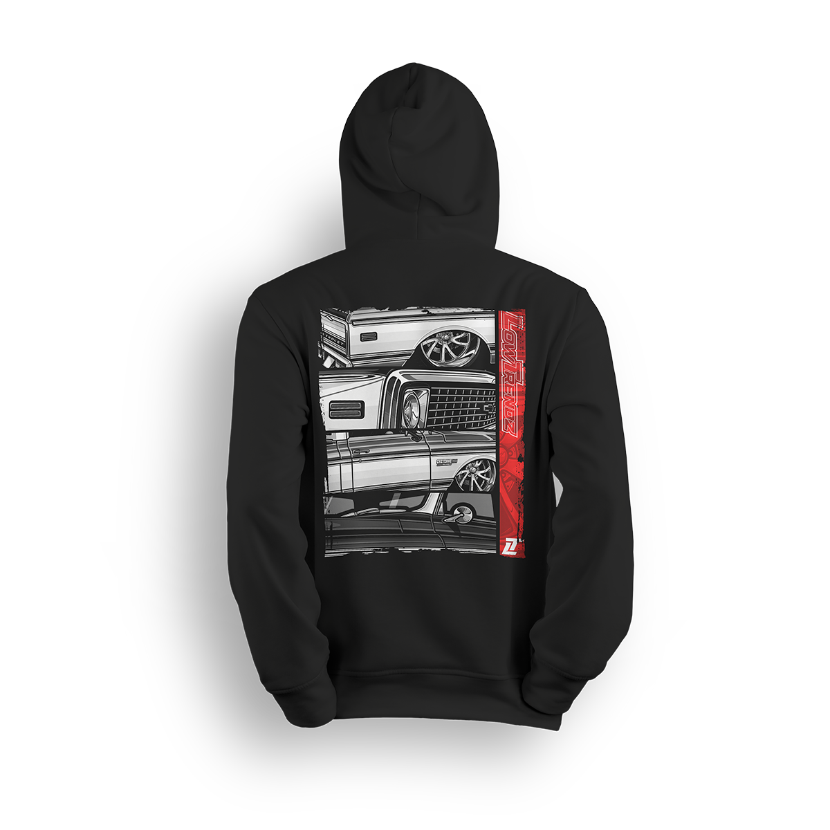 Hoodie featuring a stacked lineup of slammed Squarebody Chevys with big lip wheels, chrome accents, and bold grayscale detailing. Finished with a vertical red Low Trendz stripe, this hoodie blends retro grit with modern street presence.