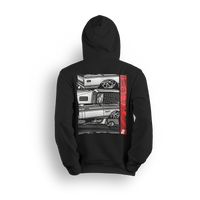 Hoodie featuring a stacked lineup of slammed Squarebody Chevys with big lip wheels, chrome accents, and bold grayscale detailing. Finished with a vertical red Low Trendz stripe, this hoodie blends retro grit with modern street presence.