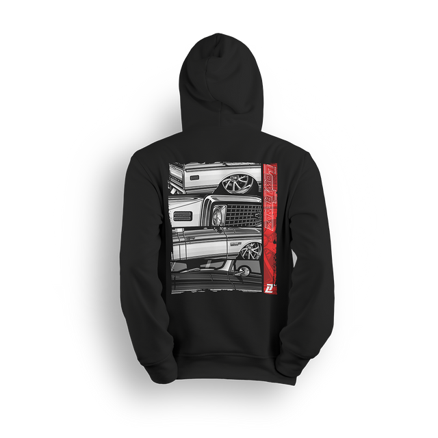 Hoodie featuring a stacked lineup of slammed Squarebody Chevys with big lip wheels, chrome accents, and bold grayscale detailing. Finished with a vertical red Low Trendz stripe, this hoodie blends retro grit with modern street presence.