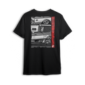 T-shirt featuring a stacked lineup of slammed Squarebody Chevys with big lip wheels, chrome accents, and bold grayscale detailing. Finished with a vertical red Low Trendz stripe, this t-shirt blends retro grit with modern street presence.