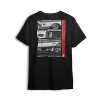 T-shirt featuring a stacked lineup of slammed Squarebody Chevys with big lip wheels, chrome accents, and bold grayscale detailing. Finished with a vertical red Low Trendz stripe, this t-shirt blends retro grit with modern street presence.