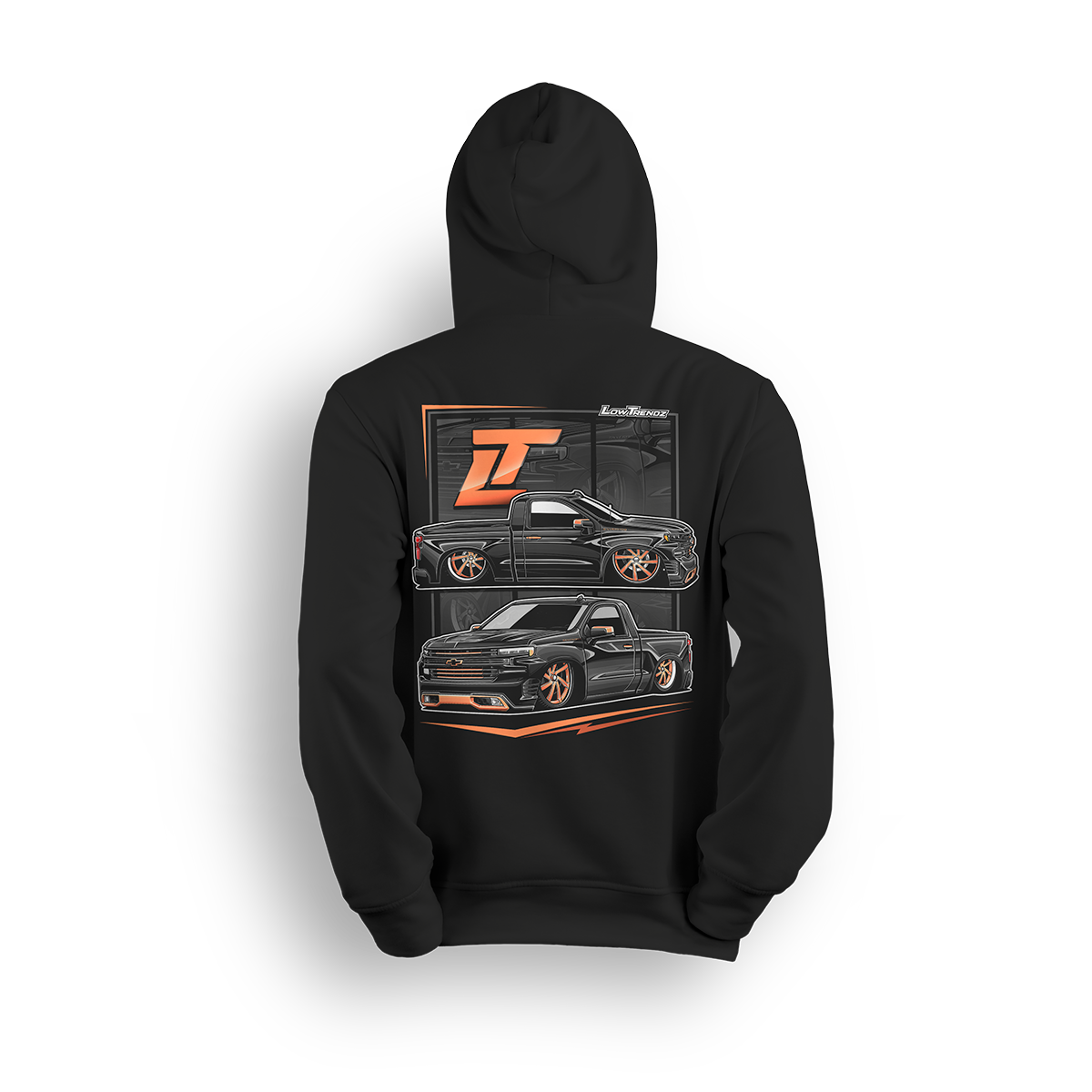 Hoodie featuring Tony Galnares’ 2019 Chevy Silverado SWB, blacked out, body dropped, and sitting on custom 28-inch copper wheels. A SEMA-featured short bed with bold stance and street-ready presence, built to lead the scene.