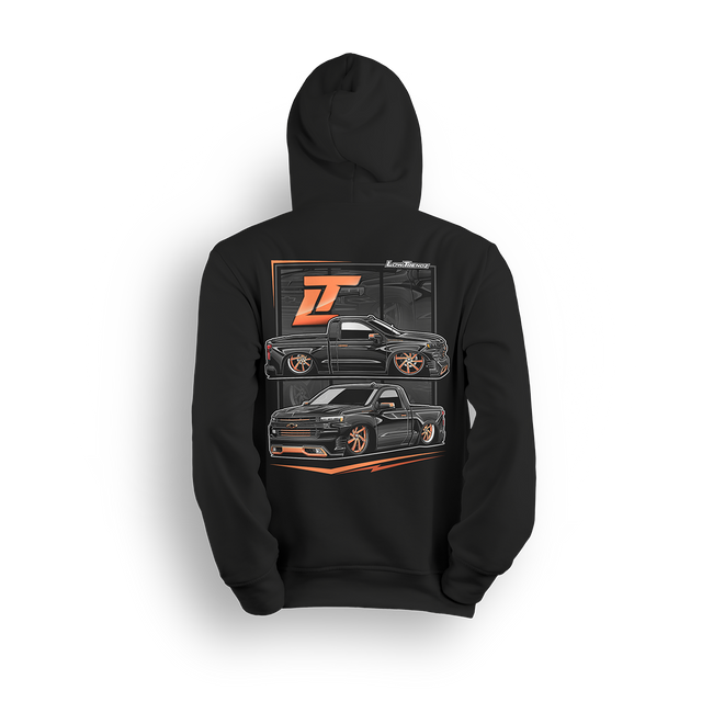 Hoodie featuring Tony Galnares’ 2019 Chevy Silverado SWB, blacked out, body dropped, and sitting on custom 28-inch copper wheels. A SEMA-featured short bed with bold stance and street-ready presence, built to lead the scene.