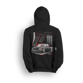 Big Block 454 SS hoodie featuring a lowered OBS 454 SS with bold red pinstripes, clean lines, and muscle truck styling. A tribute to the golden era of horsepower and custom builds, this hoodie is perfect for showing off at meets and events.