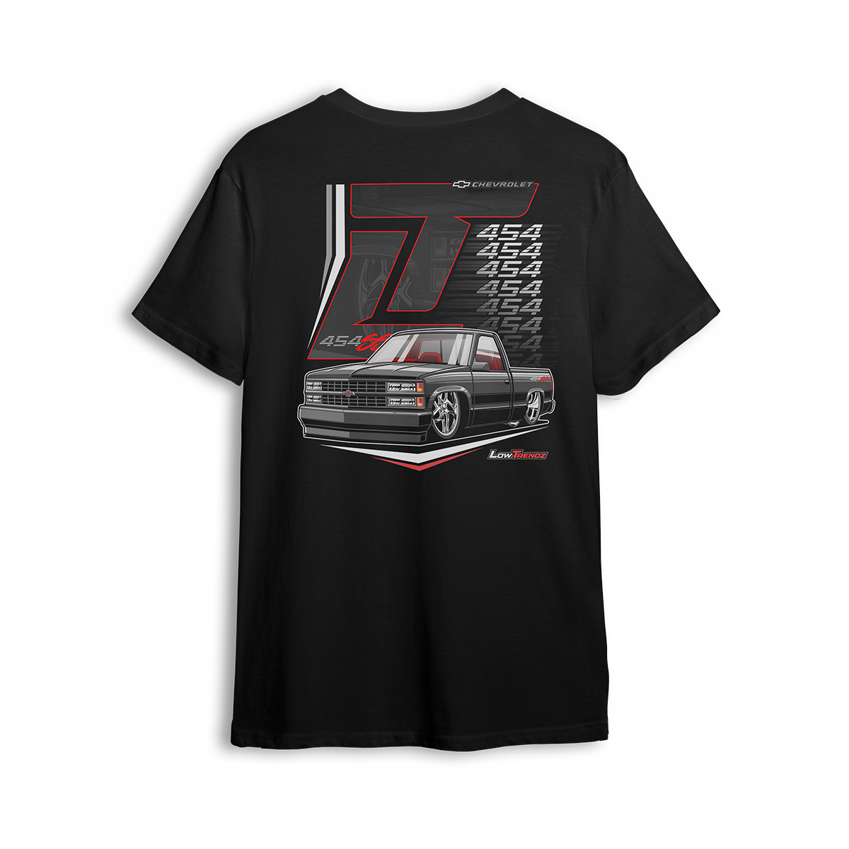 Big Block 454 SS t-shirt featuring a lowered OBS 454 SS with bold red pinstripes, clean lines, and muscle truck styling. A tribute to the golden era of horsepower and custom builds, this t-shirt is perfect for showing off at meets and events.