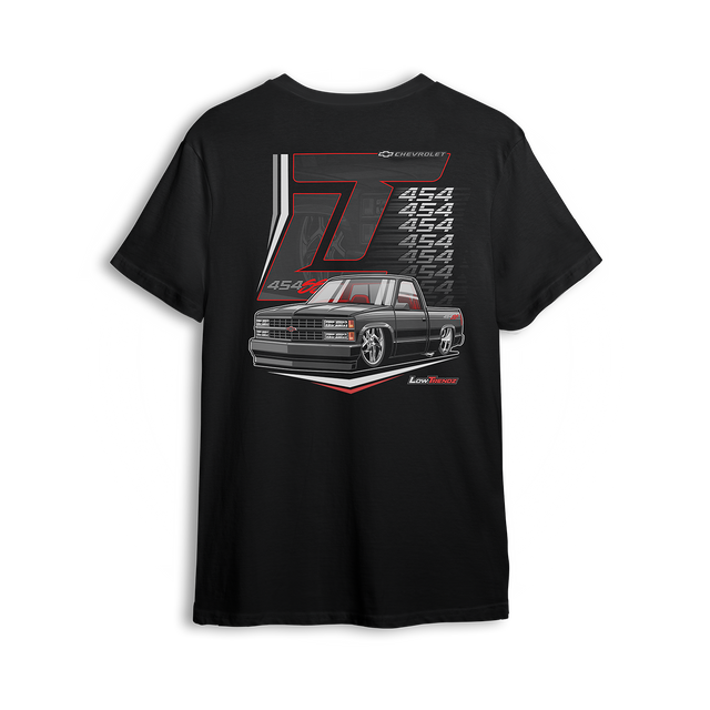 Big Block 454 SS t-shirt featuring a lowered OBS 454 SS with bold red pinstripes, clean lines, and muscle truck styling. A tribute to the golden era of horsepower and custom builds, this t-shirt is perfect for showing off at meets and events.
