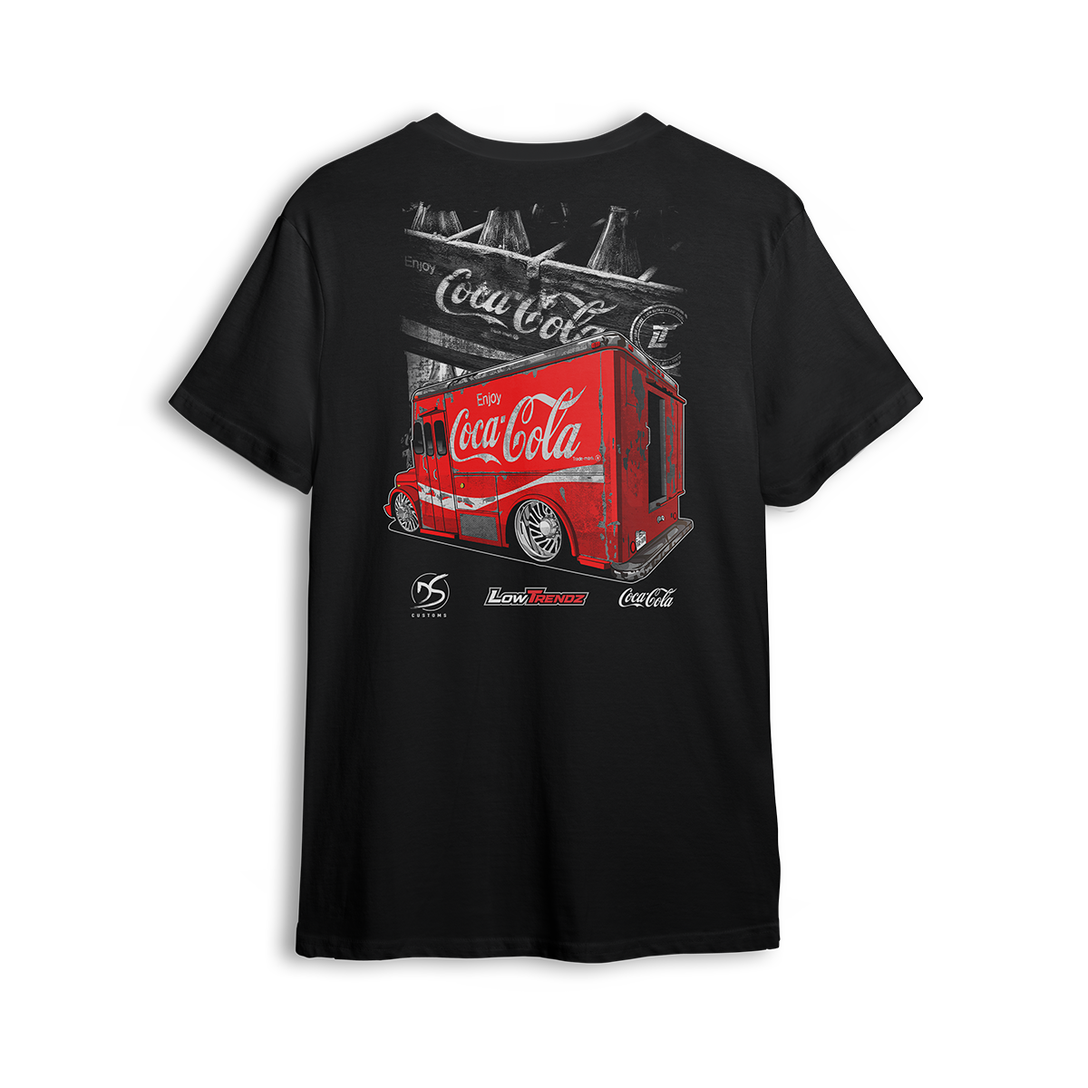 T-shirt featuring a slammed Coke delivery truck in front of a vintage soda crate backdrop. A Da Shop x Low Trendz collab, this t-shirt blends nostalgic style with custom truck attitude for true streetwear fans.