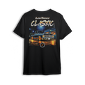 Classic Nights t-shirt featuring a gold-wheeled Squarebody cruising under city lights with glowing reflections. Bold Low Trendz Classic lettering makes this t-shirt a tribute to timeless builds and late-night rides in the custom truck scene.