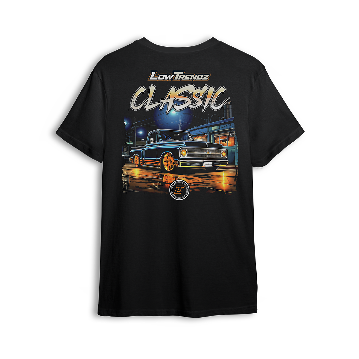 Classic Nights t-shirt featuring a gold-wheeled Squarebody cruising under city lights with glowing reflections. Bold Low Trendz Classic lettering makes this t-shirt a tribute to timeless builds and late-night rides in the custom truck scene.
