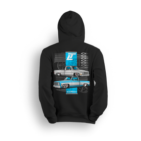 Square Body Royalty hoodie featuring a dropped and detailed classic Chevy C/K pickup cruising across a steel-blue vertical strip with ghosted wheels and stacked bowties. A bold tribute to square body dominance and timeless truck style.
