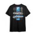 Square Body Royalty t-shirt featuring a dropped and detailed classic Chevy C/K pickup cruising across a steel-blue vertical strip with ghosted wheels and stacked bowties. A bold tribute to square body dominance and timeless truck style.