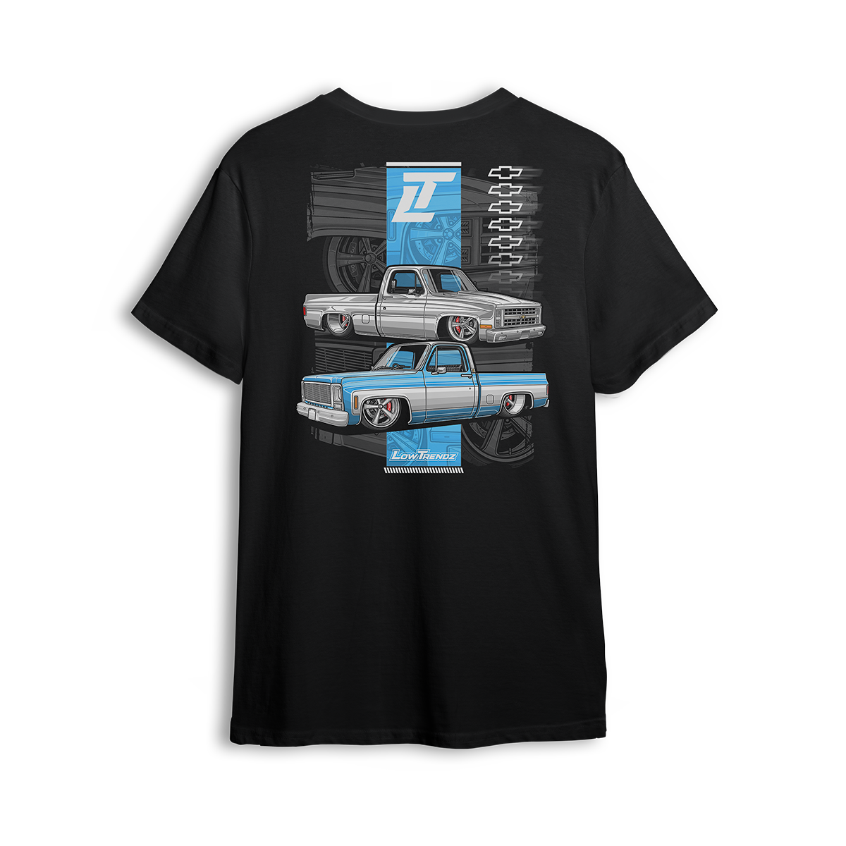 Square Body Royalty t-shirt featuring a dropped and detailed classic Chevy C/K pickup cruising across a steel-blue vertical strip with ghosted wheels and stacked bowties. A bold tribute to square body dominance and timeless truck style.