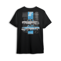 Square Body Royalty t-shirt featuring a dropped and detailed classic Chevy C/K pickup cruising across a steel-blue vertical strip with ghosted wheels and stacked bowties. A bold tribute to square body dominance and timeless truck style.