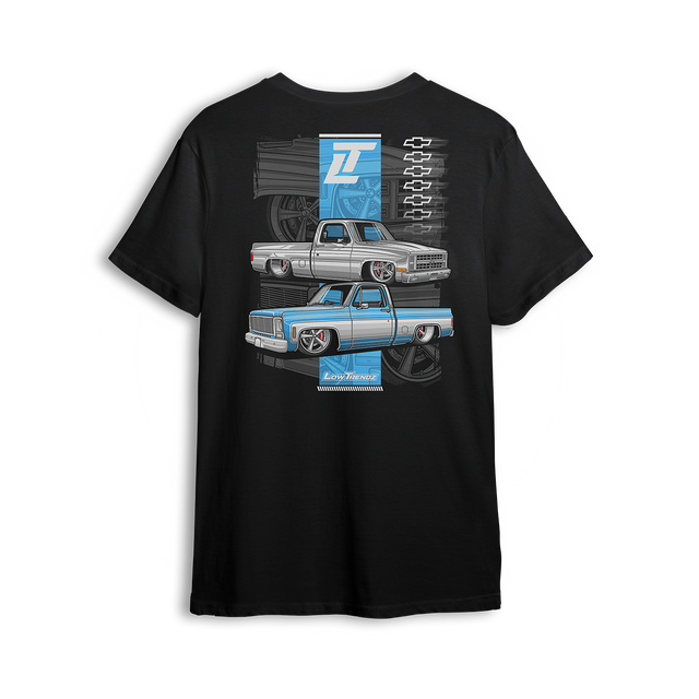 Square Body Royalty t-shirt featuring a dropped and detailed classic Chevy C/K pickup cruising across a steel-blue vertical strip with ghosted wheels and stacked bowties. A bold tribute to square body dominance and timeless truck style.