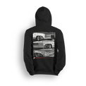 Hoodie featuring three slammed Chevy OBS front ends stacked vertically with crisp grayscale detailing, tucked wheels, and aggressive stance. Framed by a bold layout, vertical Low Trendz branding, and red accent bar, this hoodie celebrates the dominance of old body style trucks.